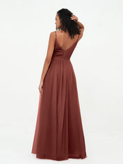Spaghetti Straps Tulle Pleated Max Dresses-Terracotta