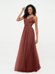 Spaghetti Straps Tulle Pleated Max Dresses-Terracotta Plus Size