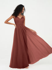 Spaghetti Straps Tulle Pleated Max Dresses-Terracotta