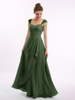 Chiffon Bridesmaid Dresses with Lace Cap Sleeves-Olive Green
