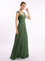 Chiffon Bridesmaid Dresses with Lace Cap Sleeves-Olive Green