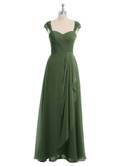 Chiffon Bridesmaid Dresses with Lace Cap Sleeves-Olive Green