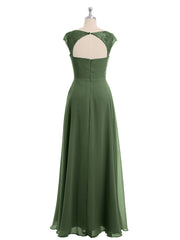 Chiffon Bridesmaid Dresses with Lace Cap Sleeves-Olive Green