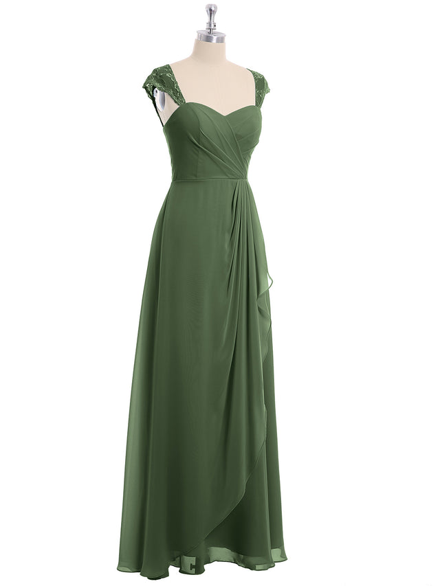 Jewel Cap Sleeve Chiffon Knee-length Dress Olive Green
