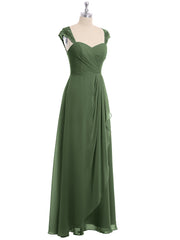 Chiffon Bridesmaid Dresses with Lace Cap Sleeves-Olive Green
