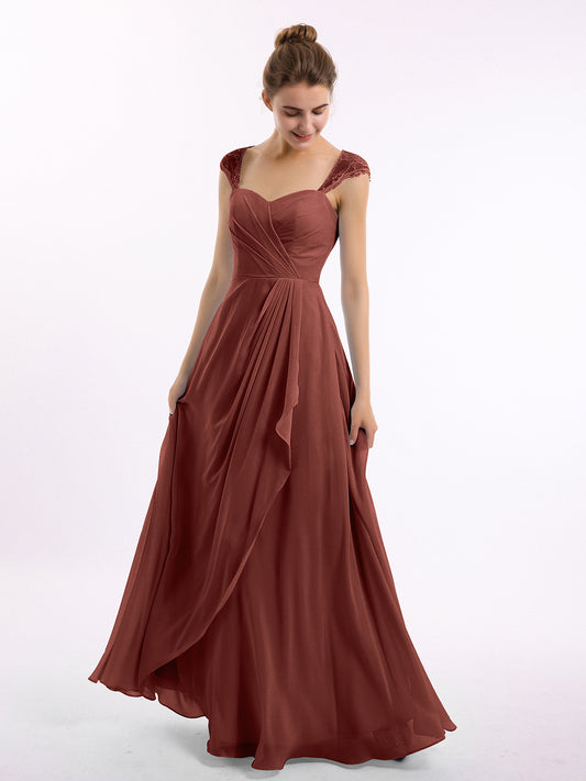 Chiffon Bridesmaid Dresses with Lace Cap Sleeves-Terracotta