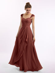 BABARONI Chiffon Terracotta Bridesmaid Dresses Sweetheart Floor-length Cap Sleeve Ruffle A-line BABARONI Chiffon Terracotta Bridesmaid Dresses Sweetheart Floor-length Cap Sleeve Ruffle A-line
