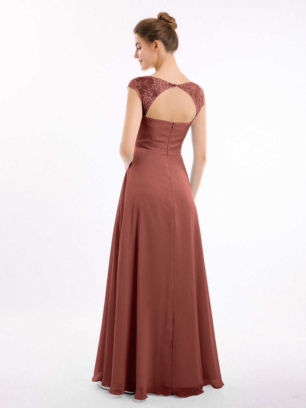 blue dress for baby girl BABARONI Chiffon Terracotta Bridesmaid Dresses Sweetheart Floor-length Cap  Sleeve Ruffle A-line