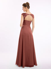 Chiffon Bridesmaid Dresses with Lace Cap Sleeves-Terracotta Plus Size