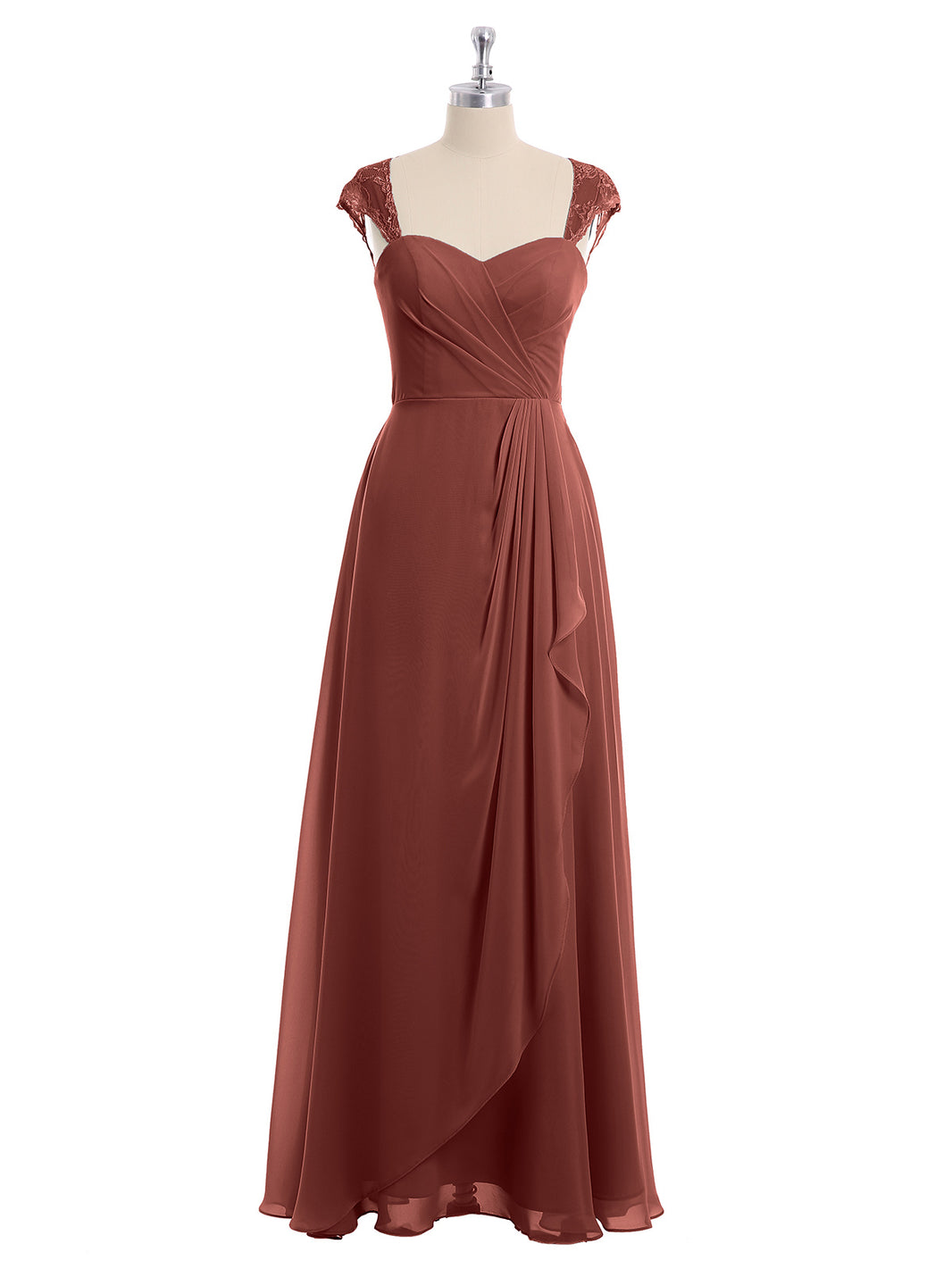 blue dress for baby girl BABARONI Chiffon Bridesmaid Dresses with Lace Cap Sleeves-Terracotta, Terracotta / US0