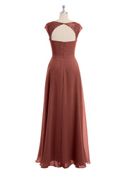 Chiffon Bridesmaid Dresses with Lace Cap Sleeves-Terracotta