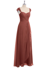 Chiffon Bridesmaid Dresses with Lace Cap Sleeves-Terracotta