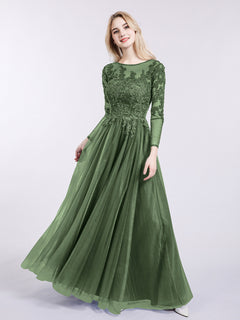 Tulle with Appliqued Long Sleeves Dress-Olive Green