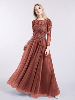 Tulle with Appliqued Long Sleeves Dress-Terracotta