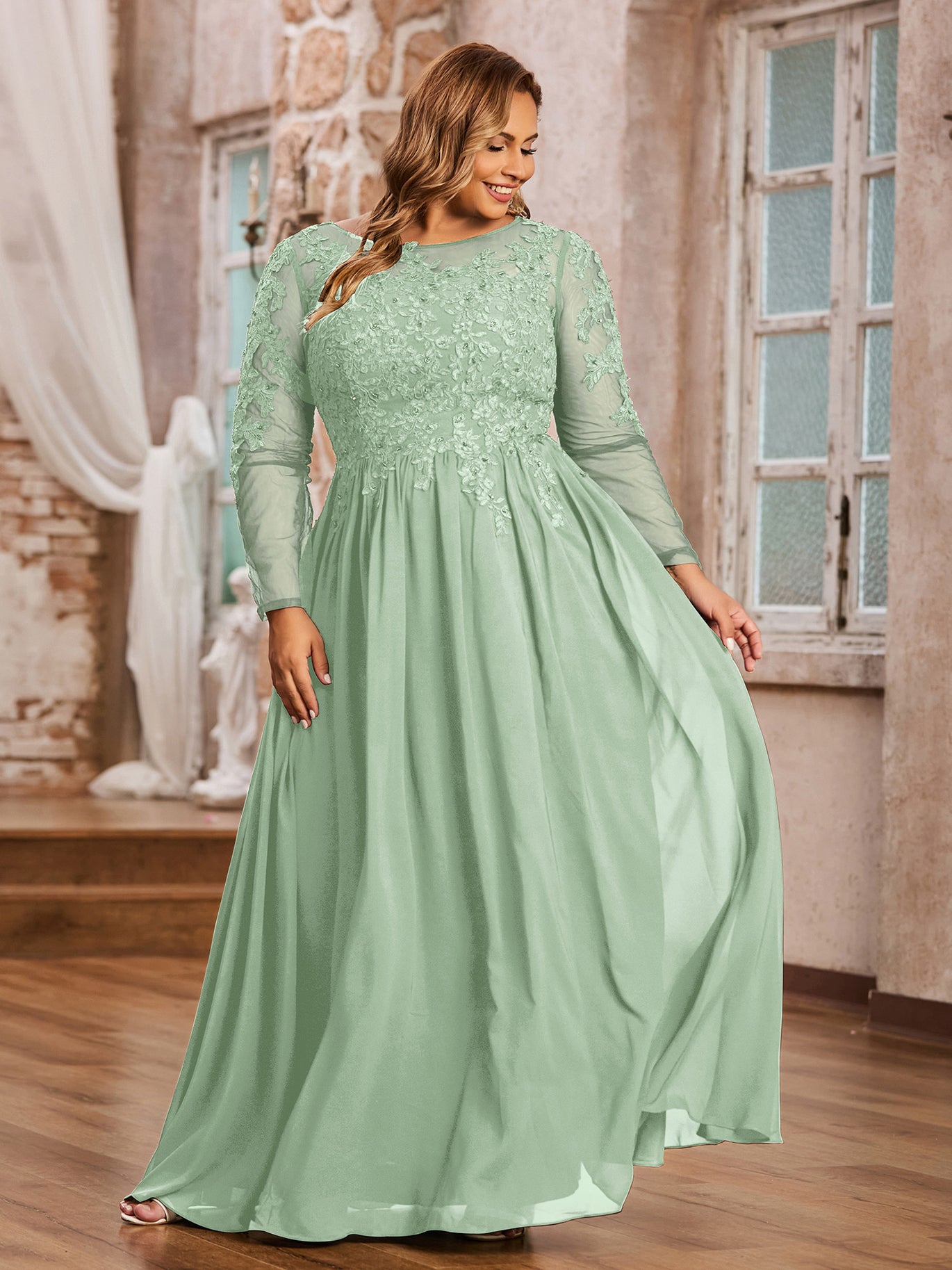 knee length dresses for ladies Dusty Sage Plus Size Chiffon Bridesmaid Dress Applique Long Sleeve Formal Gown