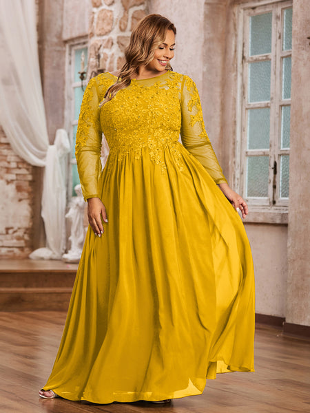 BABARONI Tulle with Appliqued Long Sleeves Dress-Marigold Plus size, Marigold / US18