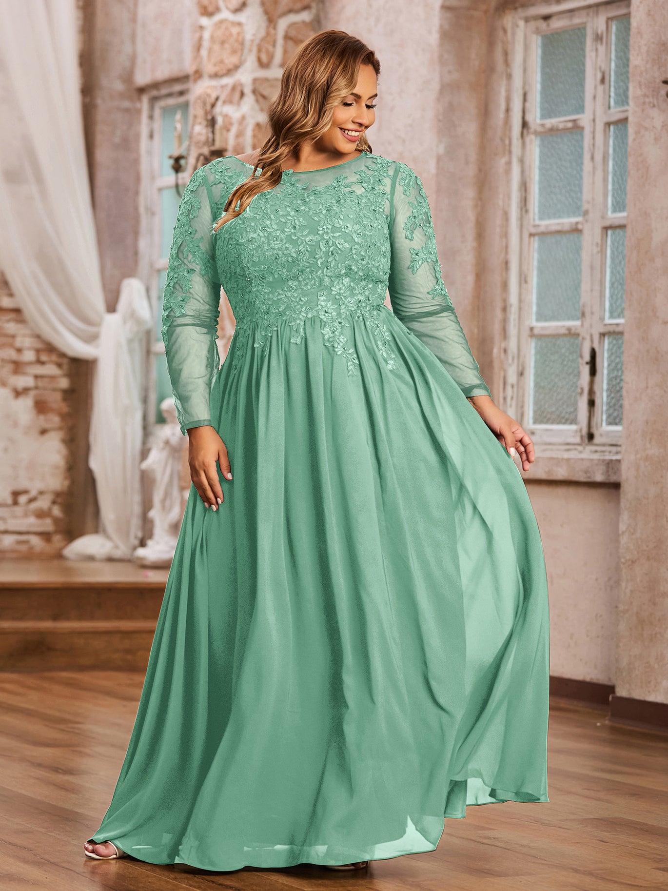 Mint Green Plus Size Chiffon Bridesmaid Dress Applique Long Sleeve Formal Gown | BABARONI Mint Green Plus Size Chiffon Bridesmaid Dress Applique Long Sleeve Formal Gown | BABARONI