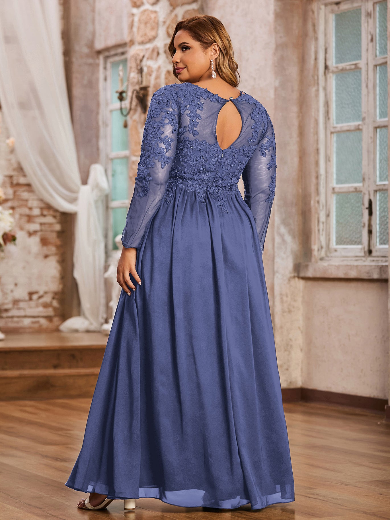 long sleeve periwinkle dress Periwinkle Plus Size Chiffon Bridesmaid Dress Applique Long Sleeve Formal Gown