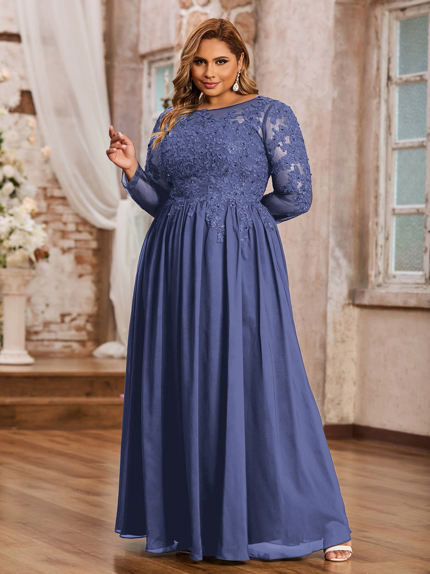 Periwinkle Plus Size Chiffon Bridesmaid Dress Applique Long Sleeve Formal Gown