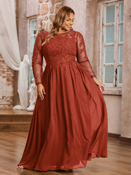 Rust Plus Size Chiffon Bridesmaid Dress Applique Long Sleeve Formal Gown | BABARONI Rust Plus Size Chiffon Bridesmaid Dress Applique Long Sleeve Formal Gown | BABARONI