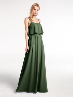 Spaghetti Strap Scoop Neck Layered Bodice Dress-Olive Green