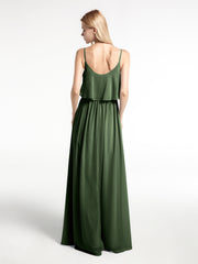 Spaghetti Strap Scoop Neck Layered Bodice Dress-Olive Green