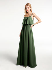 Spaghetti Strap Scoop Neck Layered Bodice Dress-Olive Green