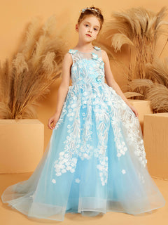 Floral Appliqued Tulle Ball-Gown with 3D Butterfly Accents Sky Blue