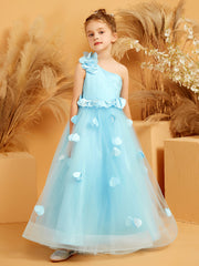 One Shoulder with Flower Floor Length Flower Girl Dress Sky Blue