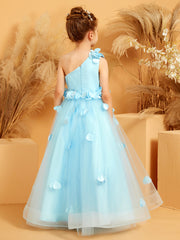 One Shoulder with Flower Floor Length Flower Girl Dress Sky Blue