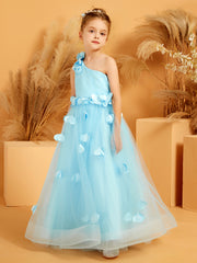 One Shoulder with Flower Floor Length Flower Girl Dress Sky Blue