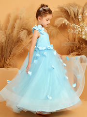 One Shoulder with Flower Floor Length Flower Girl Dress Sky Blue