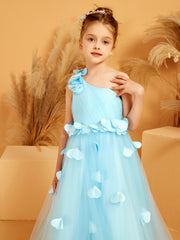 One Shoulder with Flower Floor Length Flower Girl Dress Sky Blue