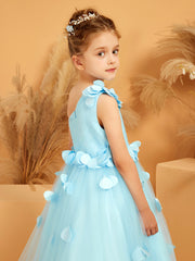 One Shoulder with Flower Floor Length Flower Girl Dress Sky Blue