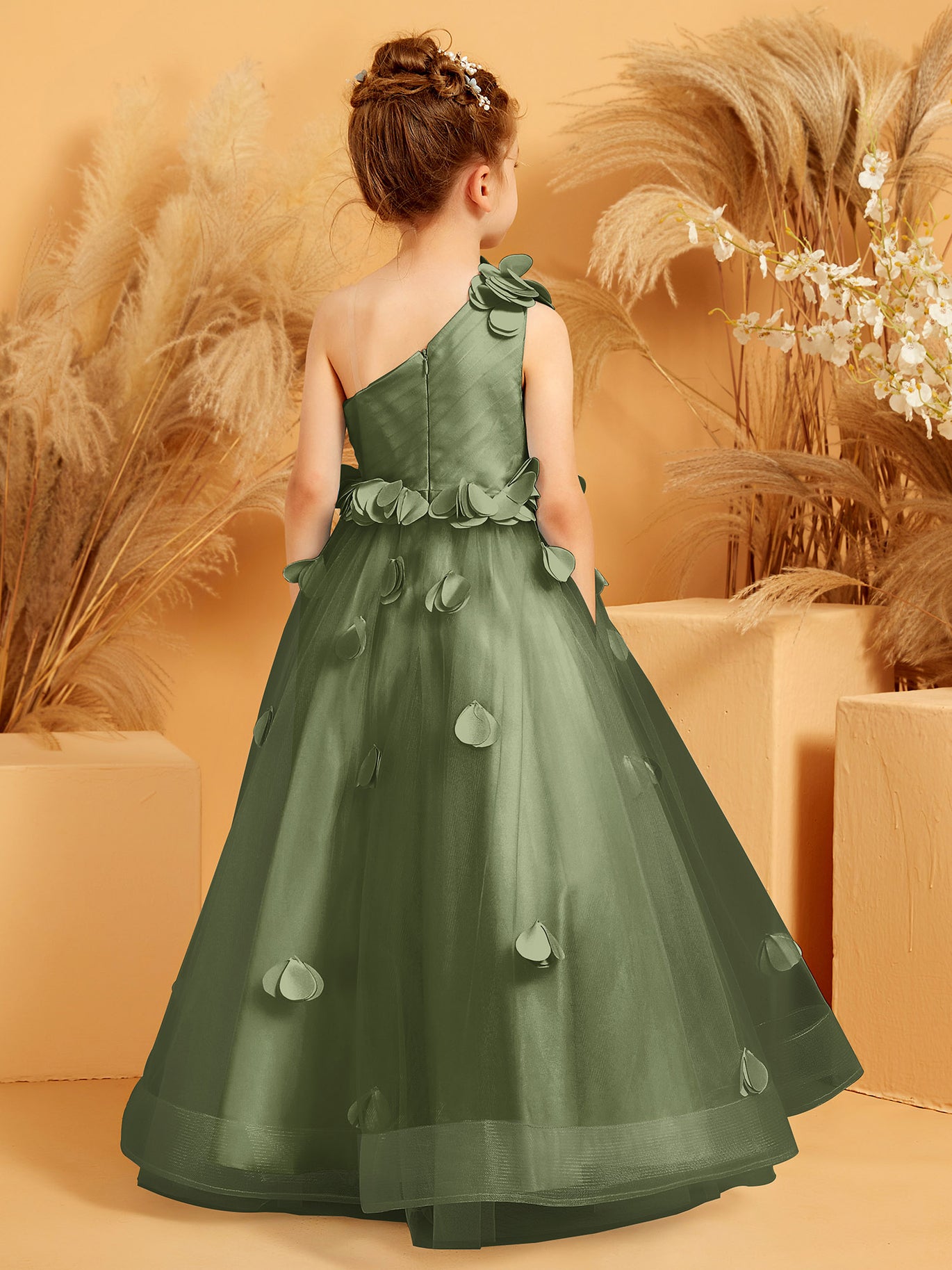 One Shoulder with Flower Floor Length Flower Girl Dress Olive Green   BABARONI