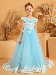 Off-the-shoulder Lace Top Sweep Train Dress with 3D Flower Sky Blue