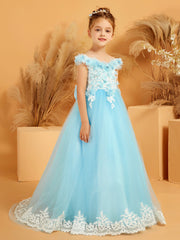 Off-the-shoulder Lace Top Sweep Train Dress with 3D Flower Sky Blue