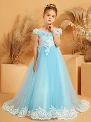 Off-the-shoulder Lace Top Sweep Train Dress with 3D Flower Sky Blue
