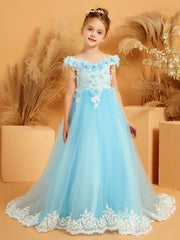 Off-the-shoulder Lace Top Sweep Train Dress with 3D Flower Sky Blue