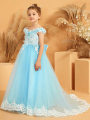 Off-the-shoulder Lace Top Sweep Train Dress with 3D Flower Sky Blue
