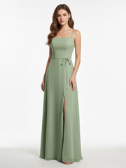 Simple Spaghetti Strap Chiffon Gowns with Slit-Dusty Sage Plus Size