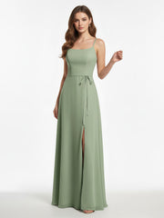 Simple Spaghetti Strap Chiffon Gowns with Slit-Dusty Sage Plus Size