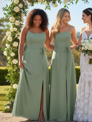 Simple Spaghetti Strap Chiffon Gowns with Slit-Dusty Sage Plus Size