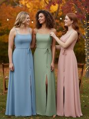 Simple Spaghetti Strap Chiffon Gowns with Slit-Dusty Sage Plus Size
