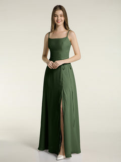 Simple Spaghetti Strap Chiffon Gowns with Slit-Olive Green