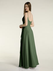 Simple Spaghetti Strap Chiffon Gowns with Slit-Olive Green