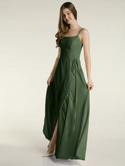 Simple Spaghetti Strap Chiffon Gowns with Slit-Olive Green