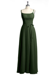 Simple Spaghetti Strap Chiffon Gowns with Slit-Olive Green