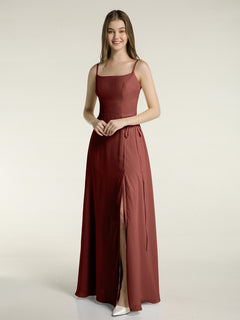 Simple Spaghetti Strap Chiffon Gowns with Slit-Terracotta