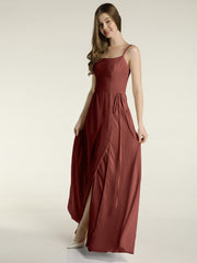 Simple Spaghetti Strap Chiffon Gowns with Slit-Terracotta